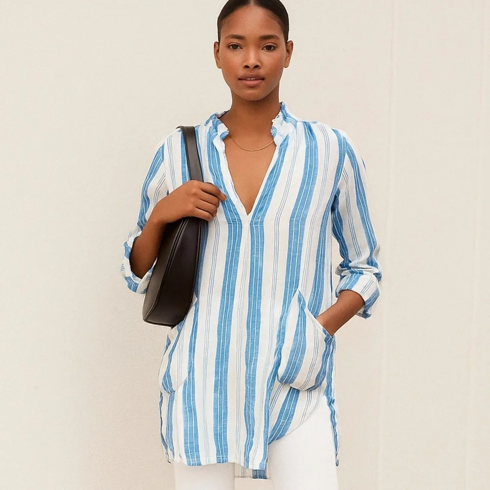 CP Shades Linen Tunic Dress Size XS White/Blue Stripes Classic Fall Staple Piece - Picture 1 of 7